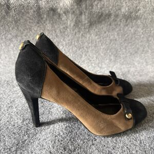 Monet Brown Black Colorblock Bow Accent Leather Upper Round Toe Stiletto Pump